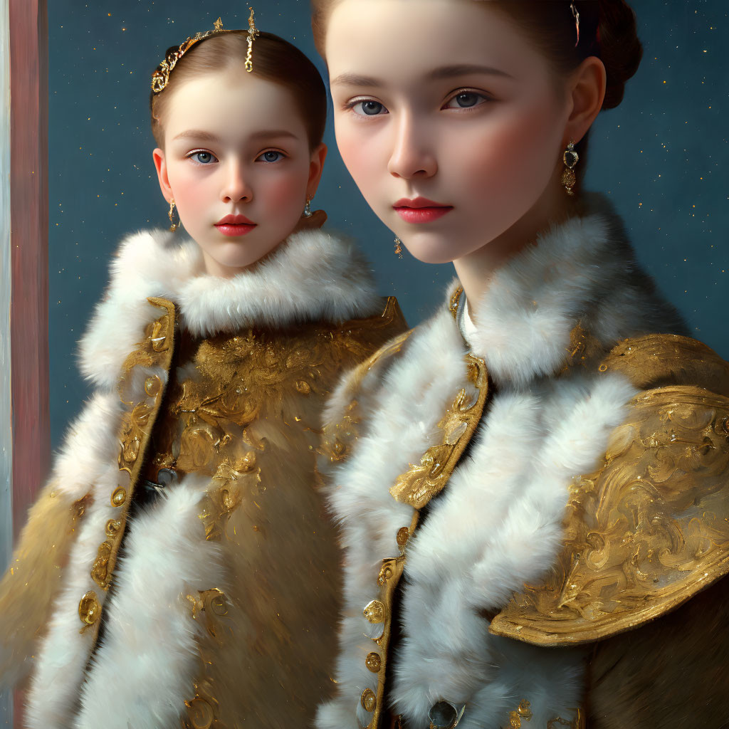 Two females in ornate historical attire with gold embroidery and fur collars, one gazing forward,