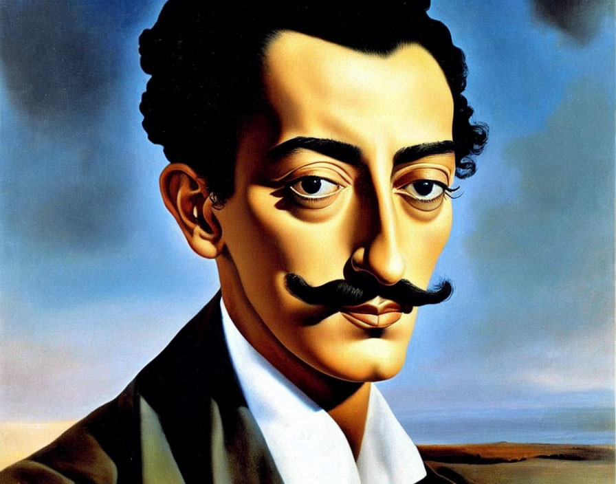 Surrealist-inspired portrait of man with exaggerated mustache