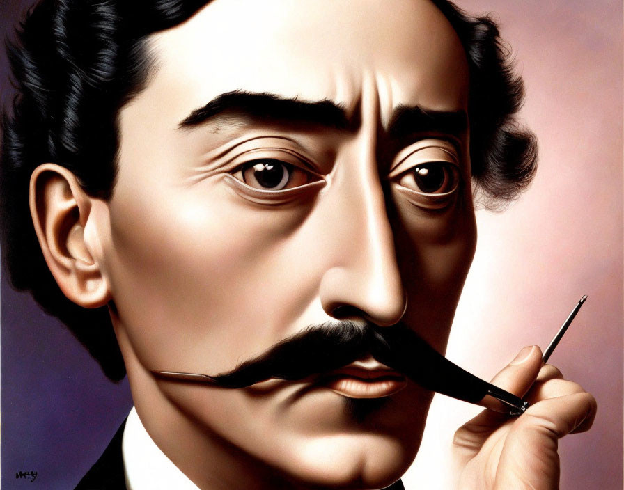 Detailed Hyper-realistic Painting of Man with Mustache and Paintbrush