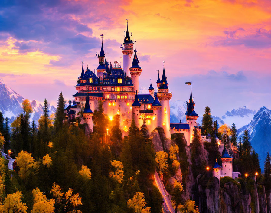 Majestic illuminated castle on forested hill at sunset
