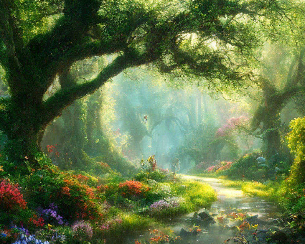 Mystical Forest with Greenery, Flowers, Stream & Light