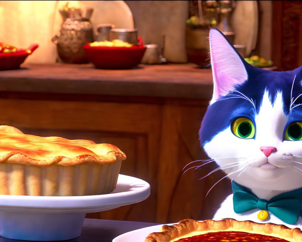 Animated cat with bow tie admires golden pie in rustic kitchen setting