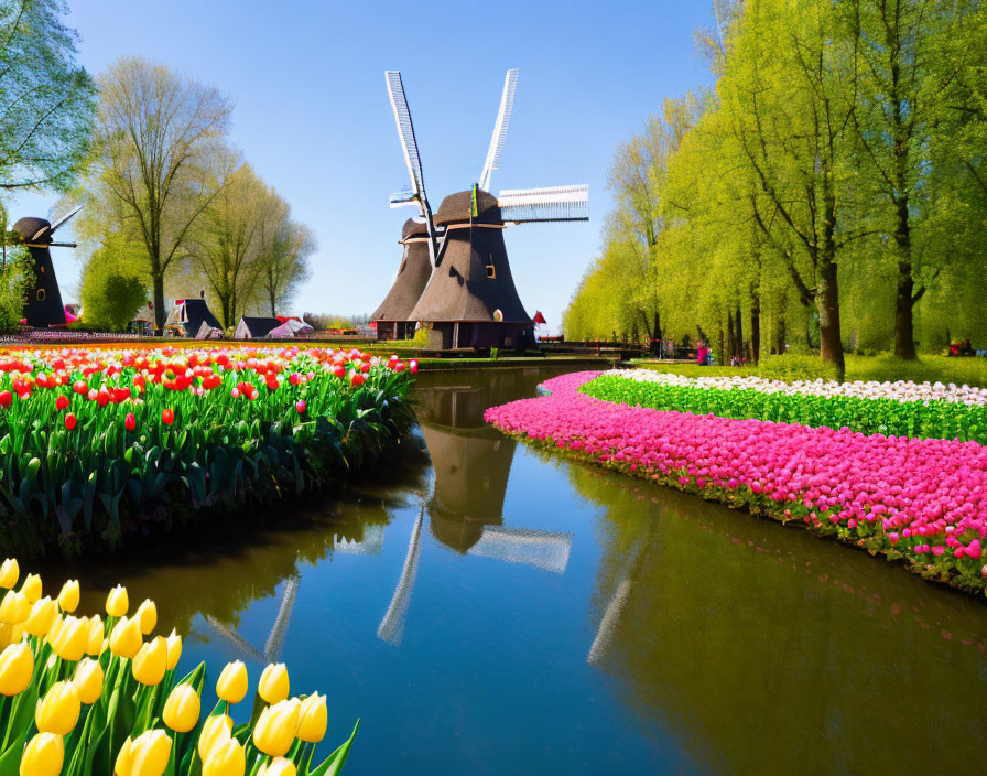 Vibrant tulip field and Dutch windmills by a canal