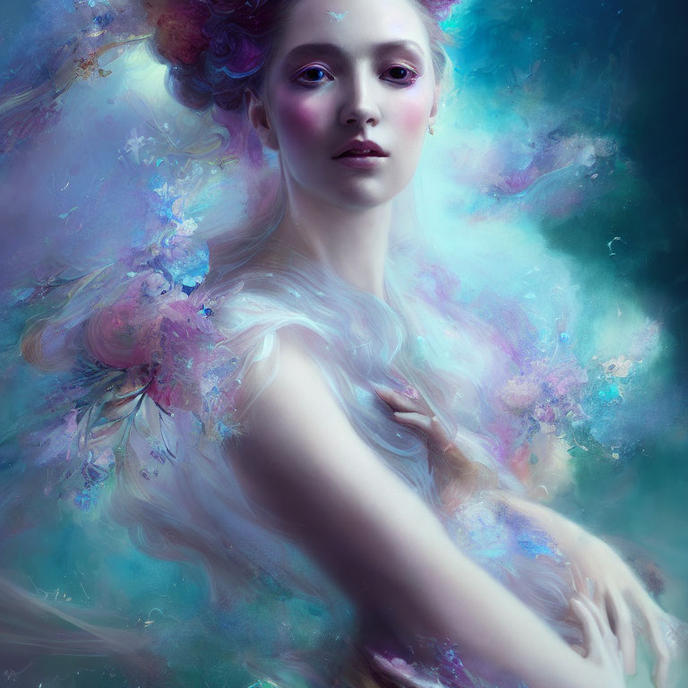 Ethereal woman with cosmos textures in pastel colors