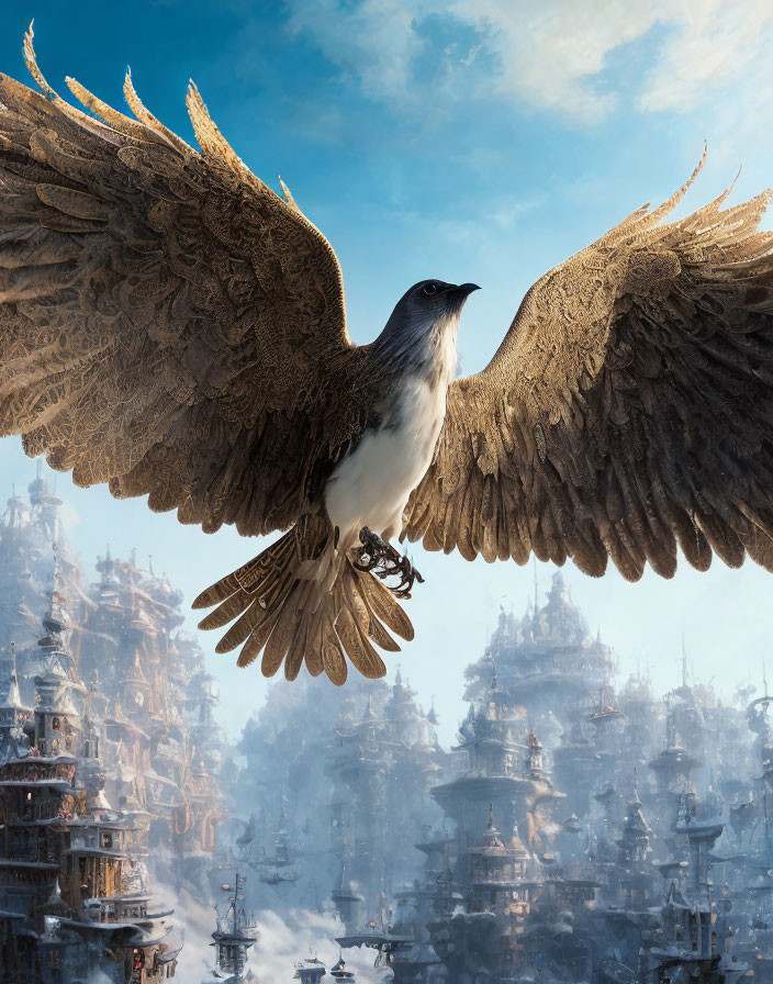 Detailed Wings Bird Soaring Over Ancient City