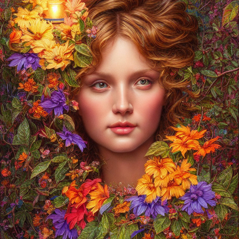Vibrant flowers adorn woman's curly hair in lush foliage portrait
