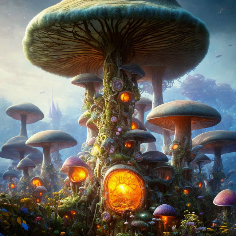 Enchanting Twilight Forest with Luminescent Mushrooms and Glowing Door