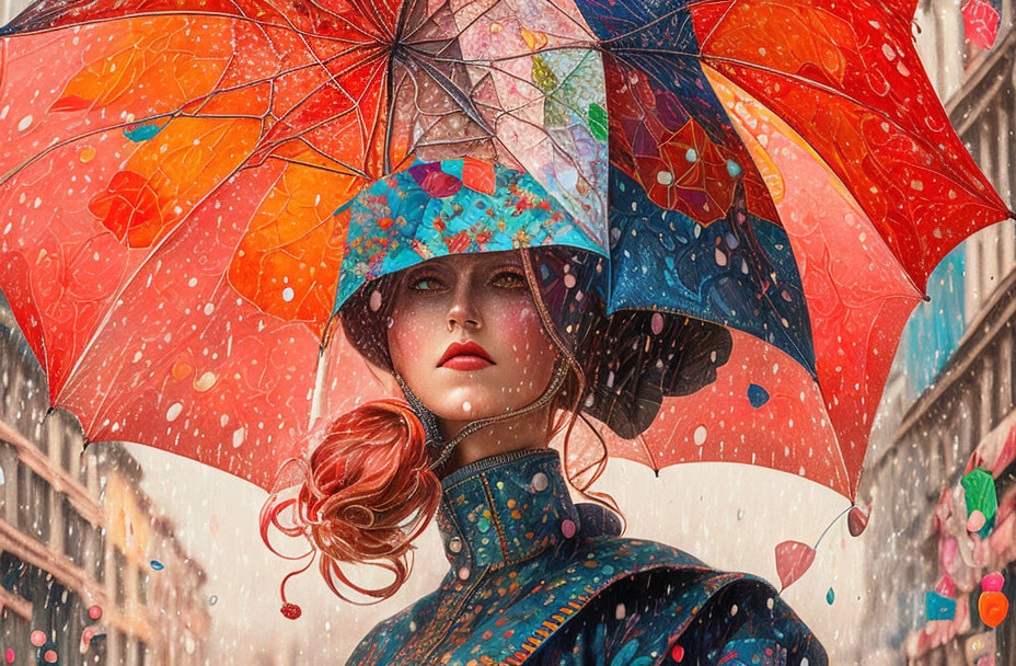 Red-haired woman with colorful umbrella in the rain with water droplets