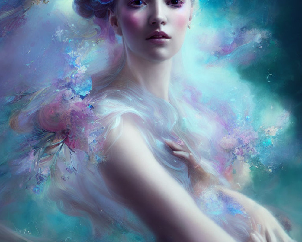 Ethereal woman with cosmos textures in pastel colors