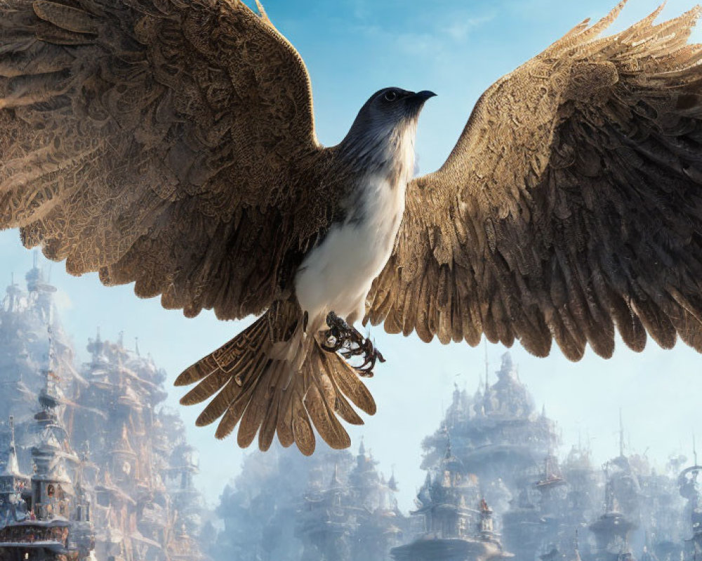 Detailed Wings Bird Soaring Over Ancient City