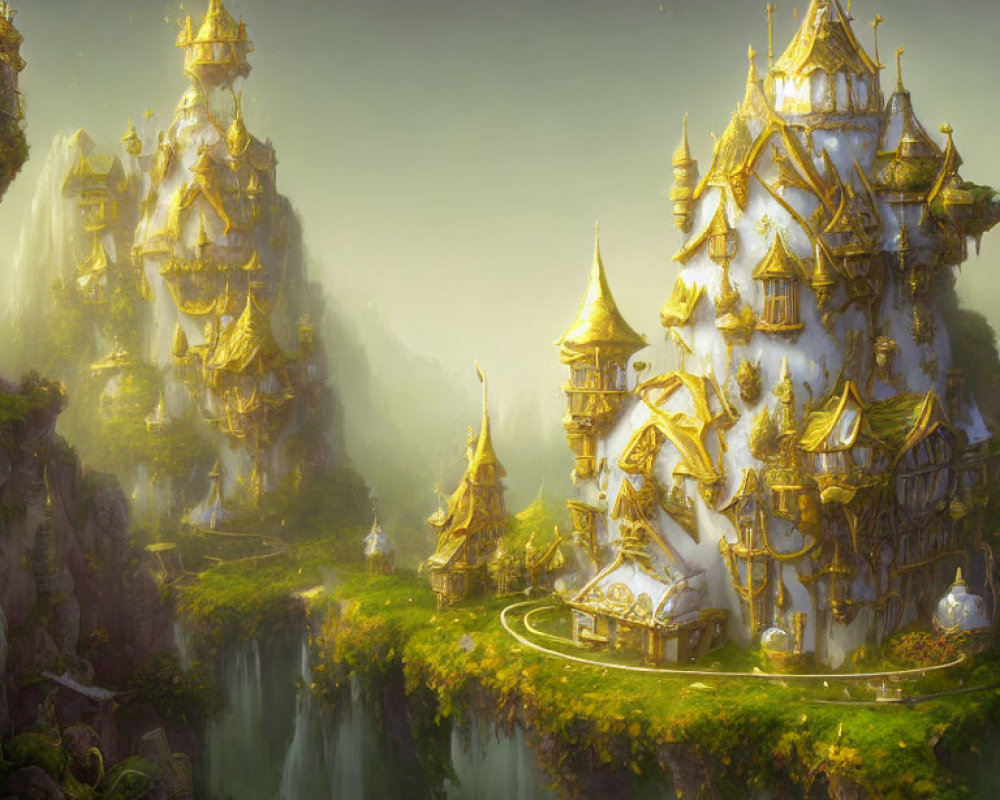 Majestic golden castles on verdant cliffs with winding pathways