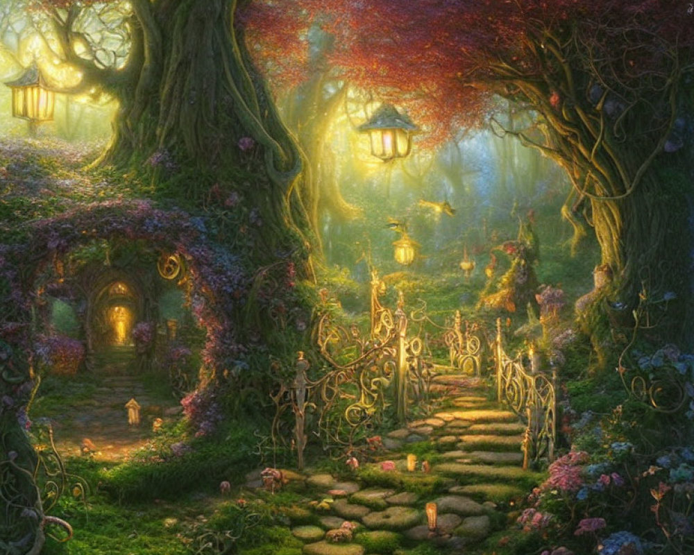 Vibrant Fantasy Forest with Glowing Lanterns and Enchanting Doorways