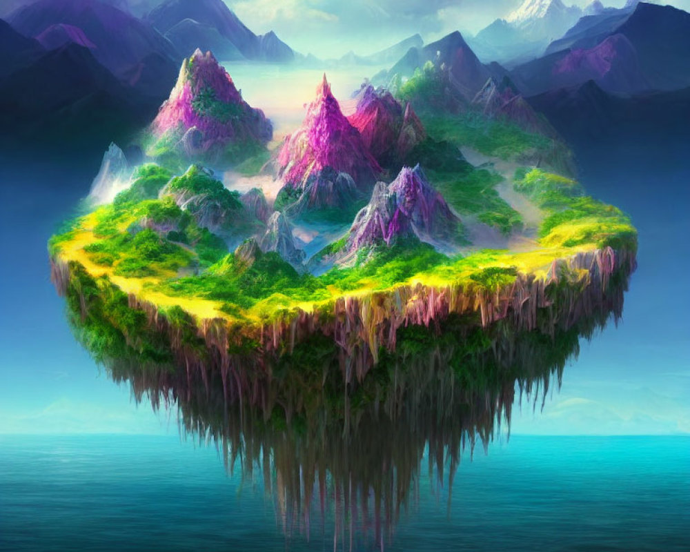 Majestic floating island with lush greenery, waterfalls, and purple mountains.