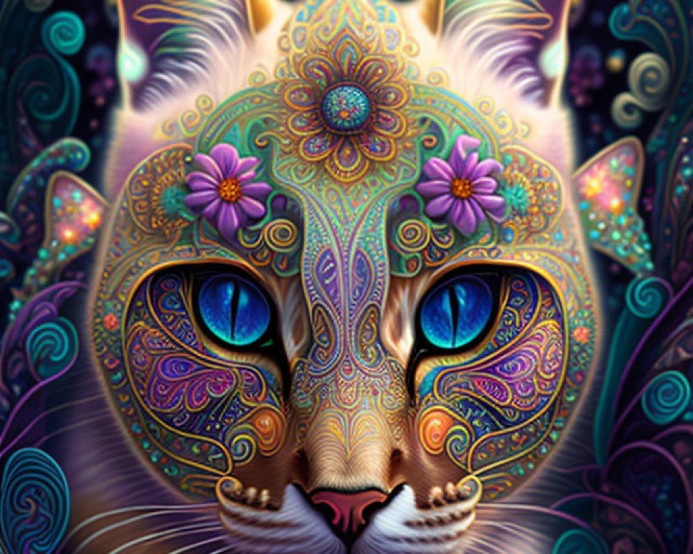 Colorful digital artwork of an ornate cat with blue eyes on dark floral background