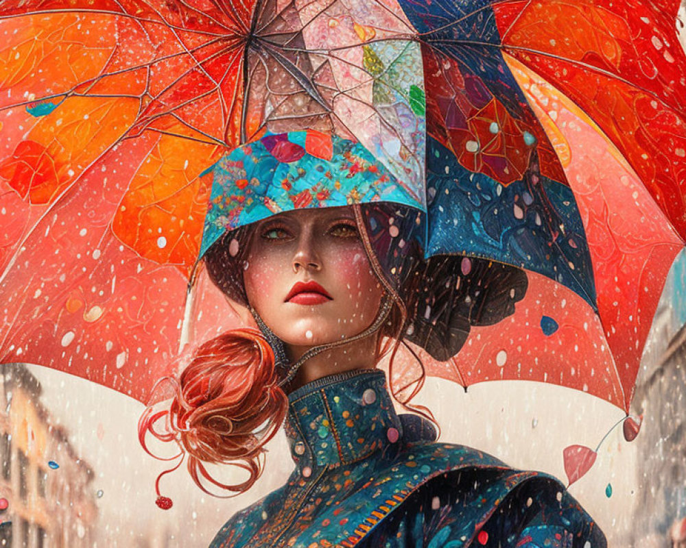 Red-haired woman with colorful umbrella in the rain with water droplets