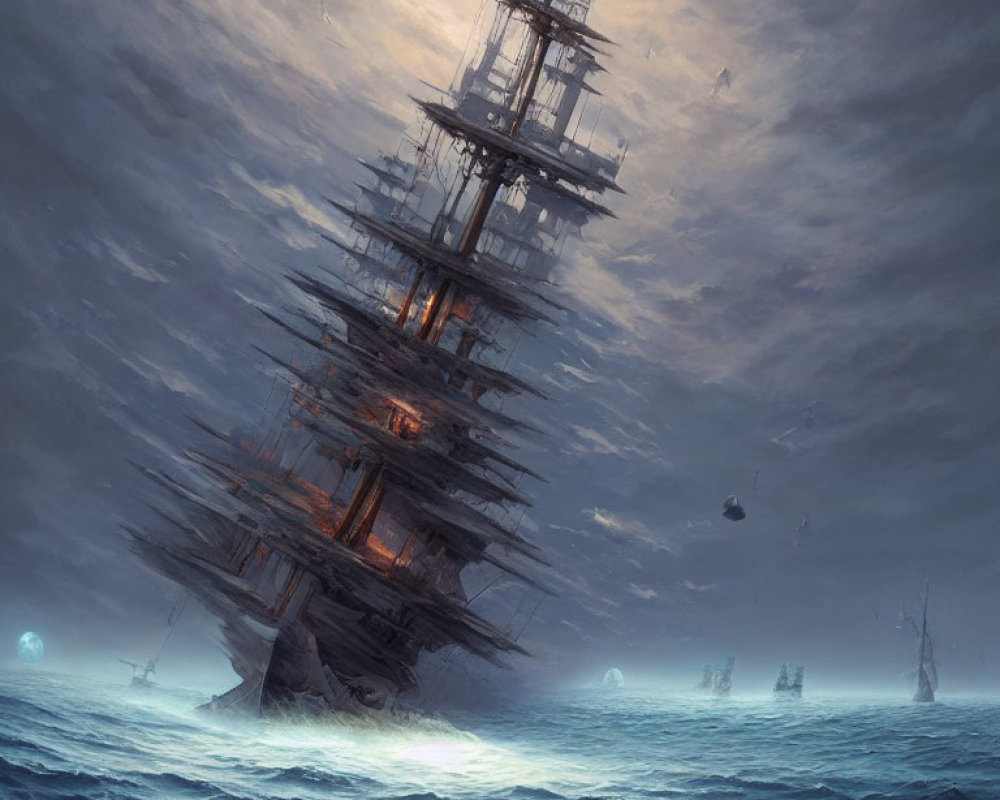 Sailing ship in stormy seas with orbs and ghostly vessels in mystical setting