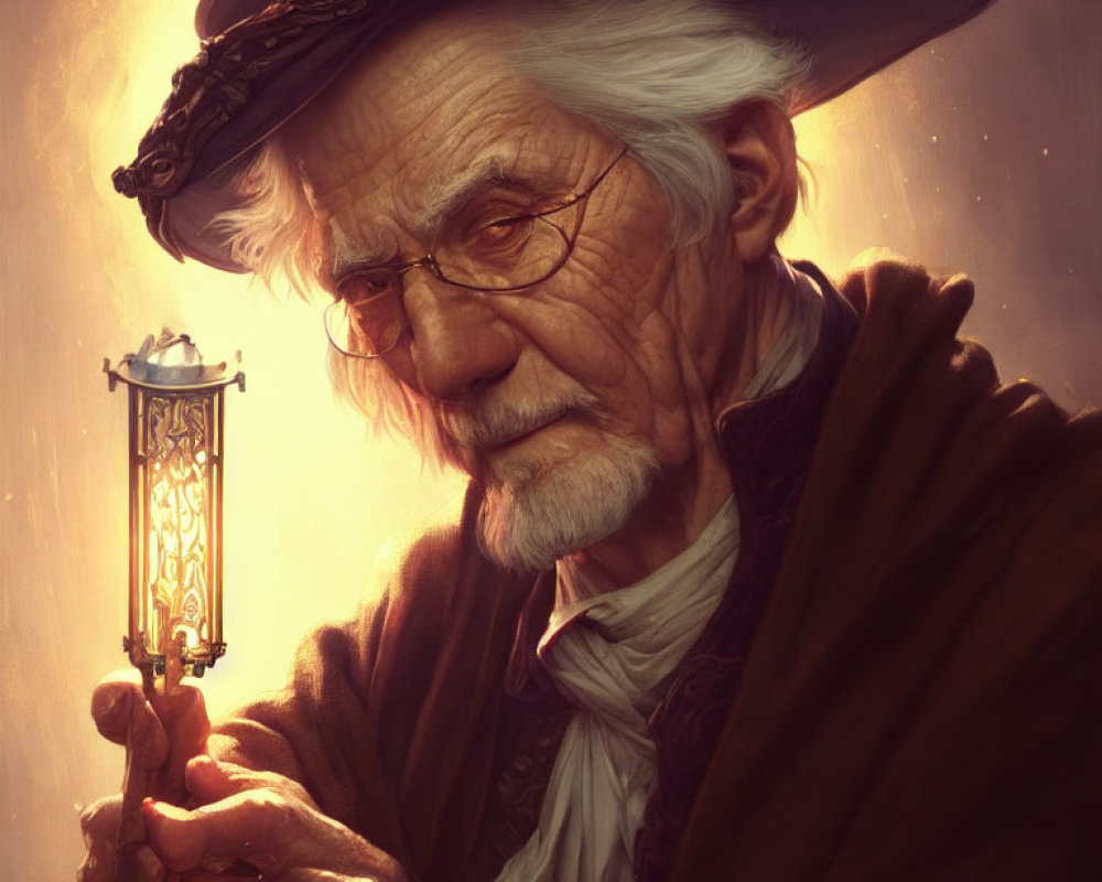 Elderly man with lantern in warm light