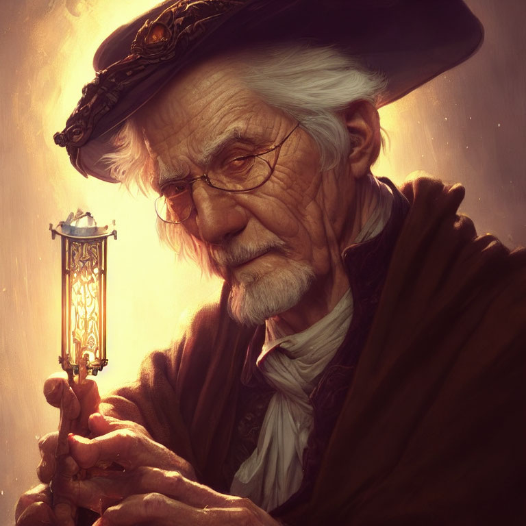 Elderly man with lantern in warm light