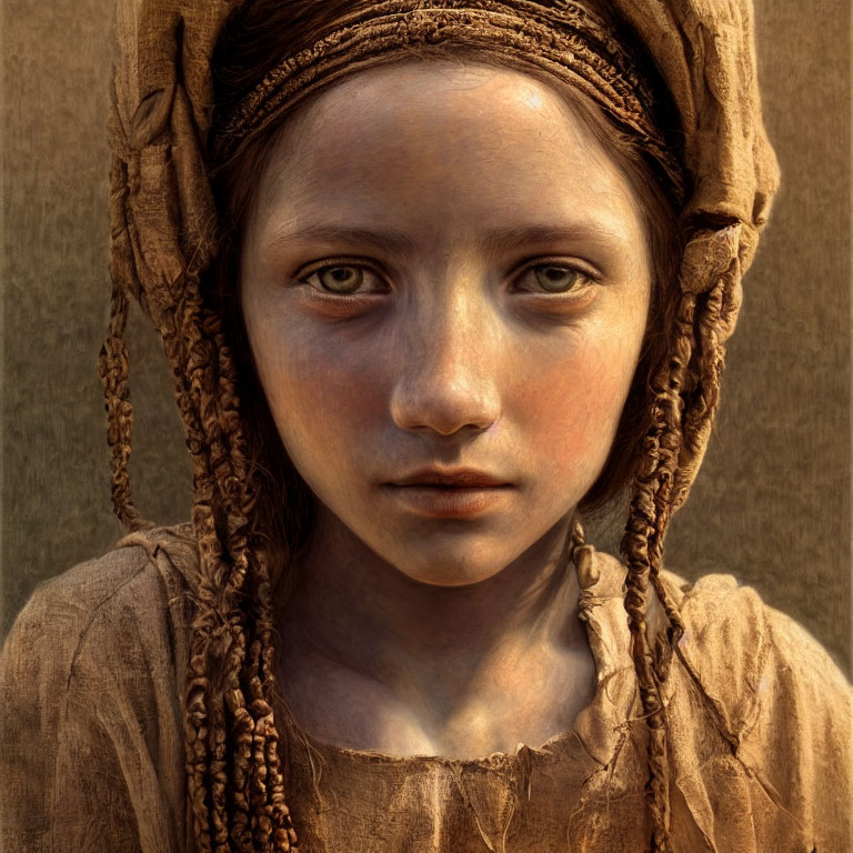 Portrait of young girl with green eyes in brown headscarf and rustic garment.