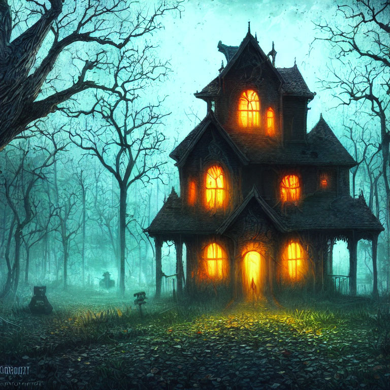 Victorian house in misty forest at twilight with mysterious glow