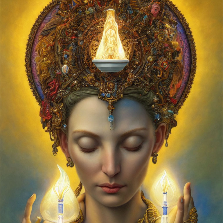 Surreal portrait of woman with ornate headdress and glowing elements