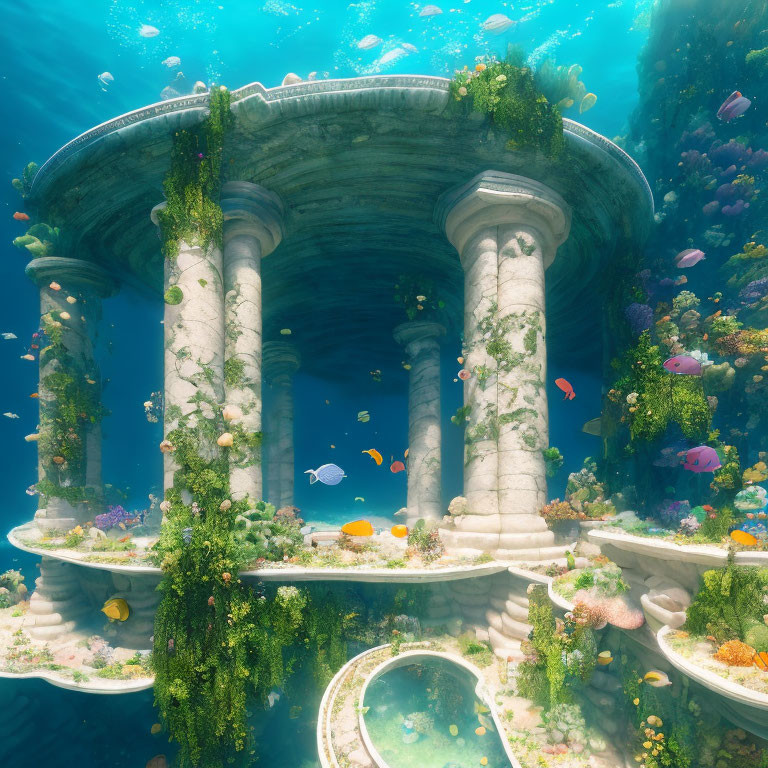 Sunken classical pillars with algae, coral, and fish in underwater scene