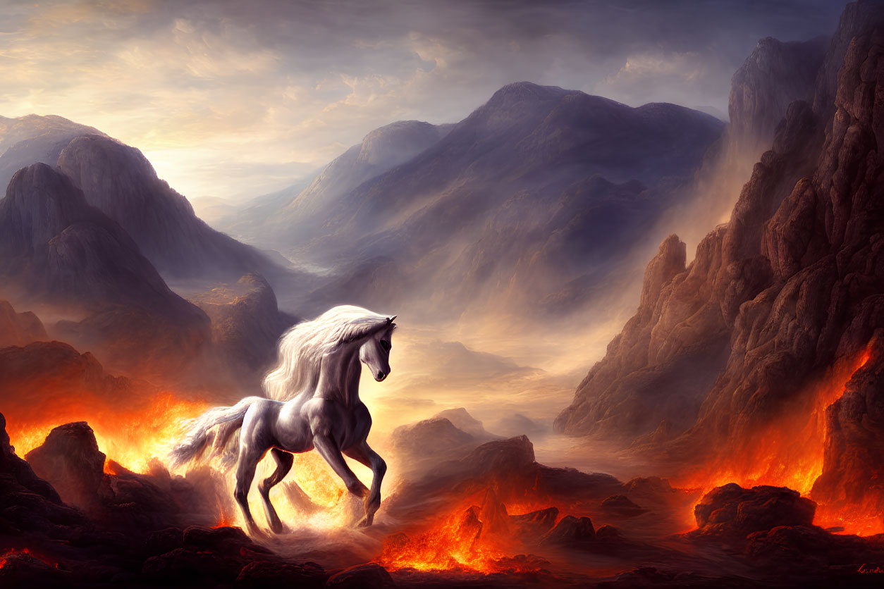 Majestic white horse in surreal landscape with lava flows and misty mountains