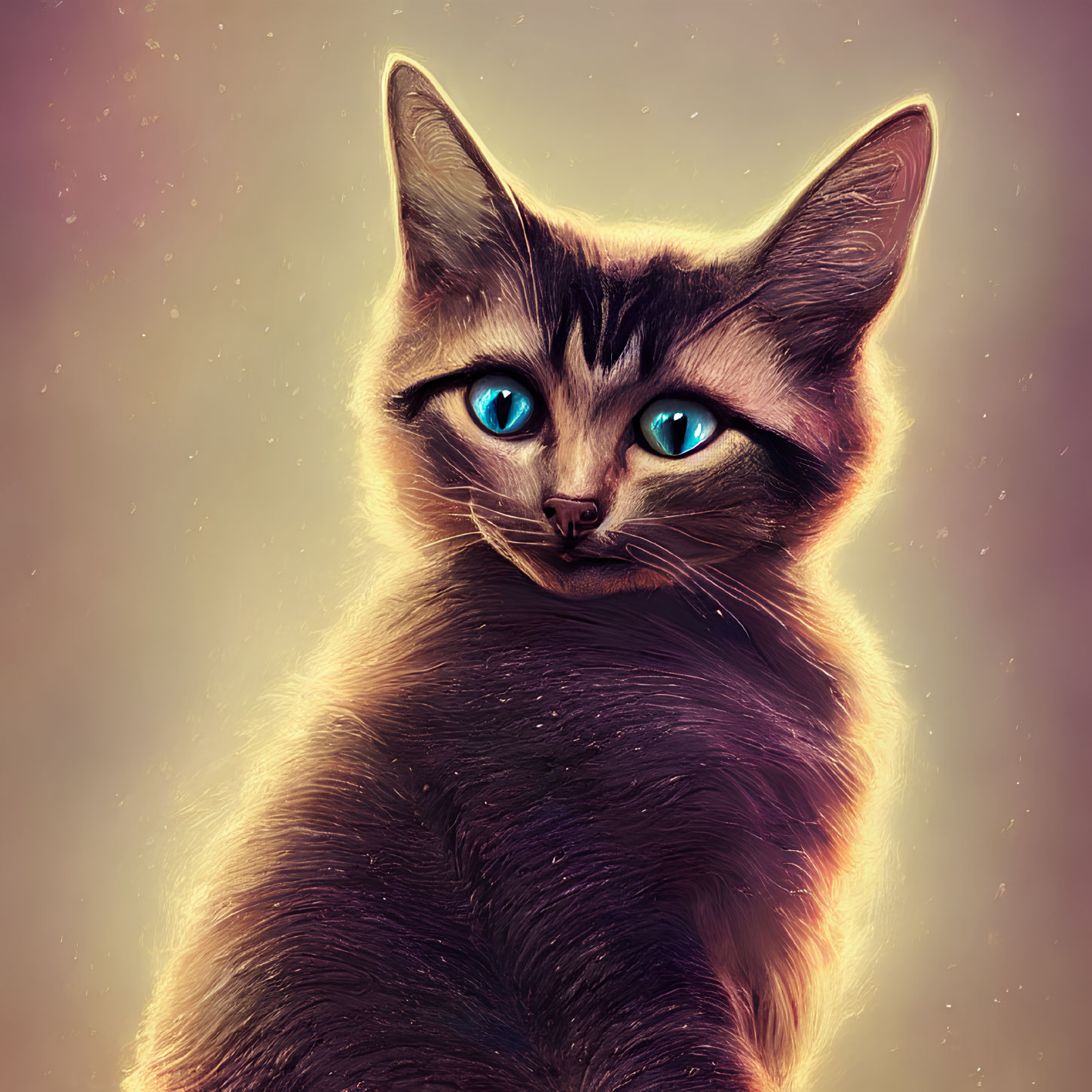 Digital Artwork: Cat with Bright Blue Eyes and Glossy Fur Coat