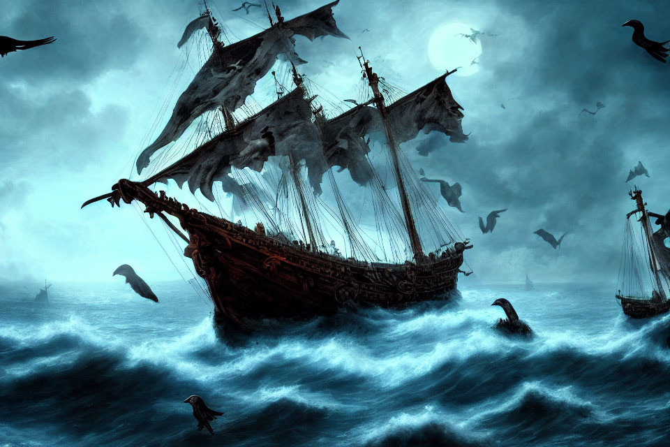 Ghostly pirate ship sailing turbulent seas under moonlit sky with flying birds and eerie vessel in distance