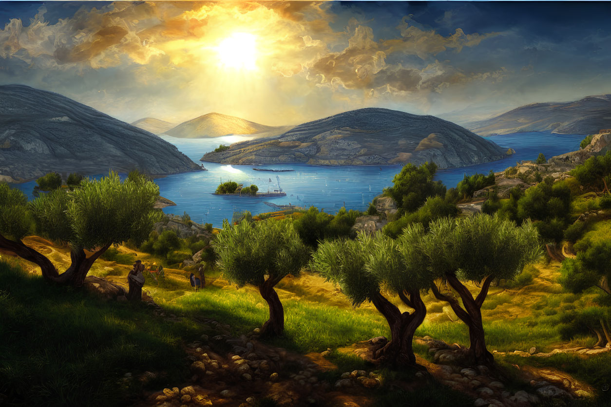 Tranquil bay with olive trees, hills, and boats