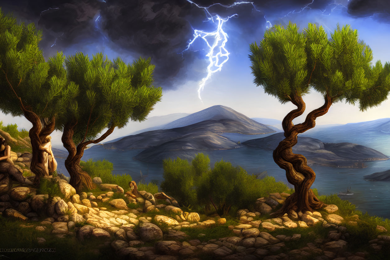 Twisted trees, calm sea, mountains under dramatic sky with approaching thunderstorm