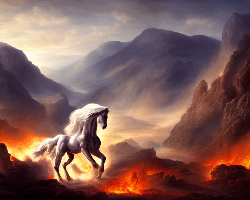 Majestic white horse in surreal landscape with lava flows and misty mountains