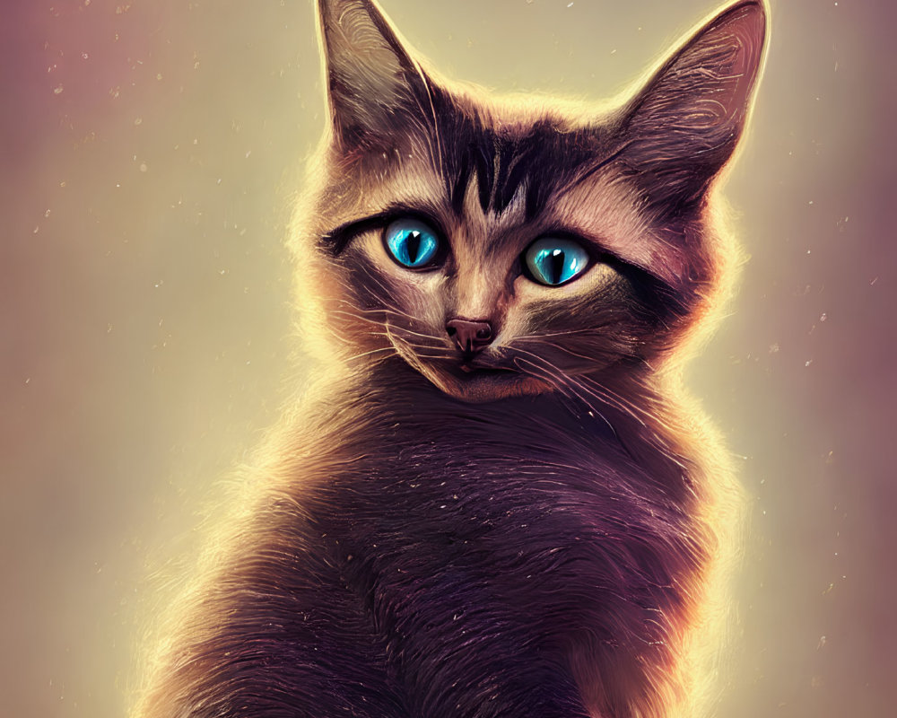 Digital Artwork: Cat with Bright Blue Eyes and Glossy Fur Coat