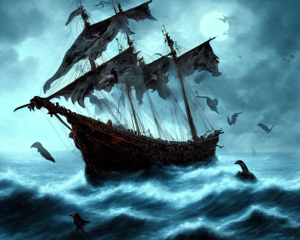 Ghostly pirate ship sailing turbulent seas under moonlit sky with flying birds and eerie vessel in distance