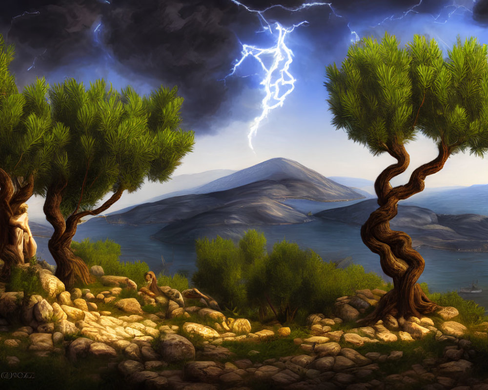 Twisted trees, calm sea, mountains under dramatic sky with approaching thunderstorm