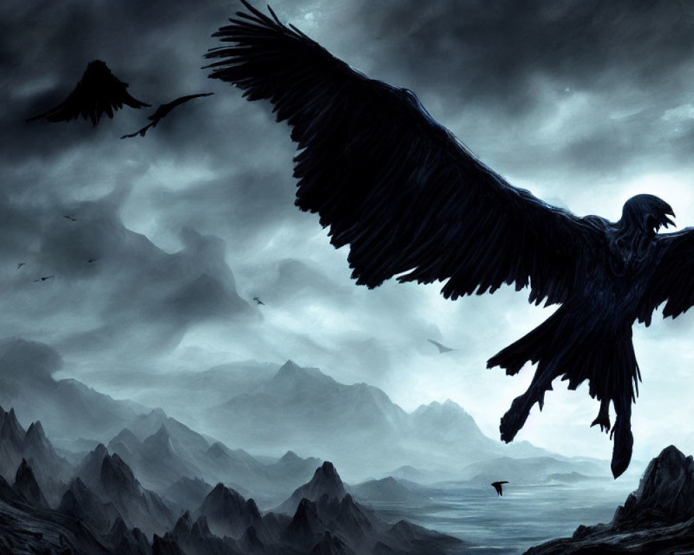 Large Raven Soaring Over Rocky Landscape in Stormy Sky