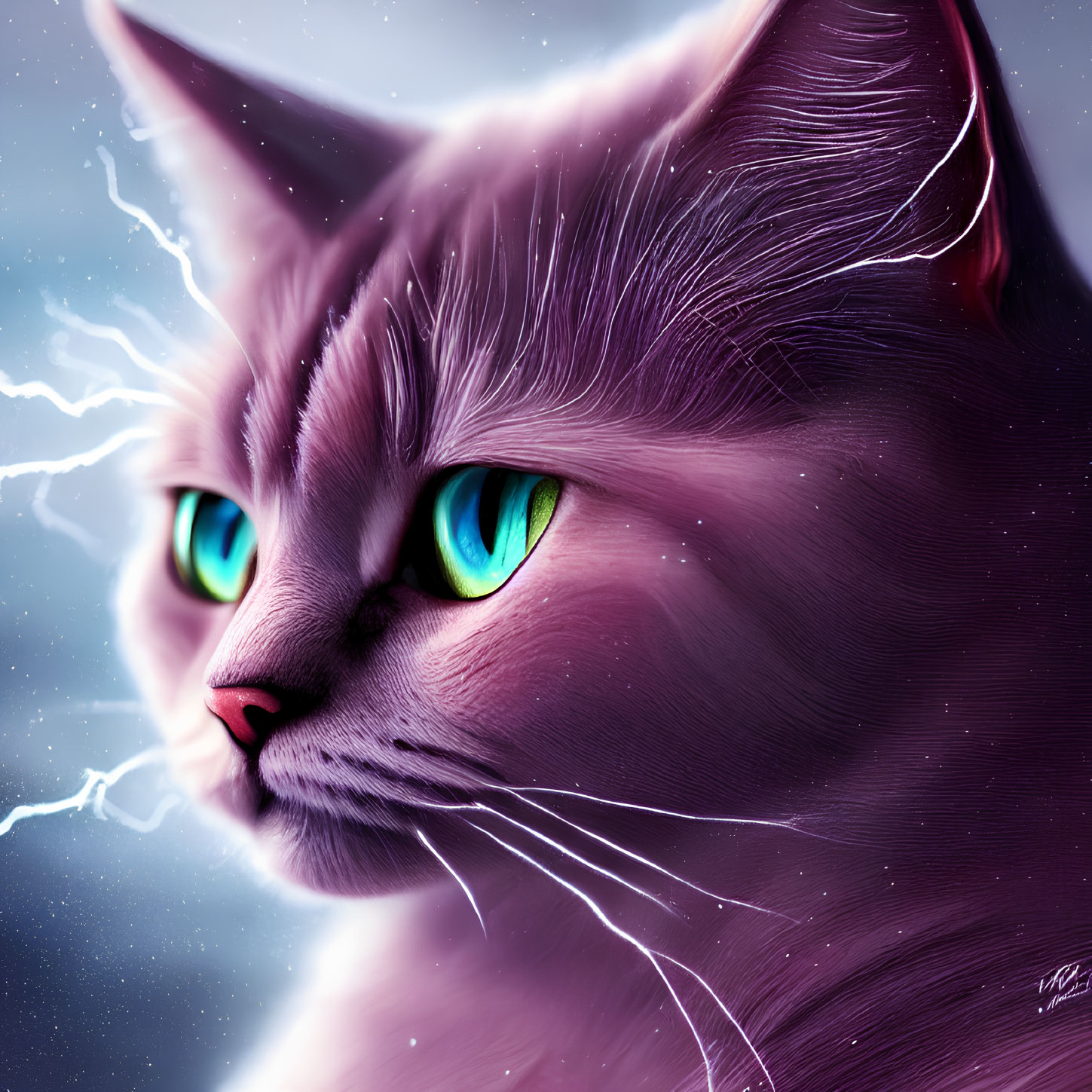 Purple-Tinted Cat with Green Eyes and Lightning Background