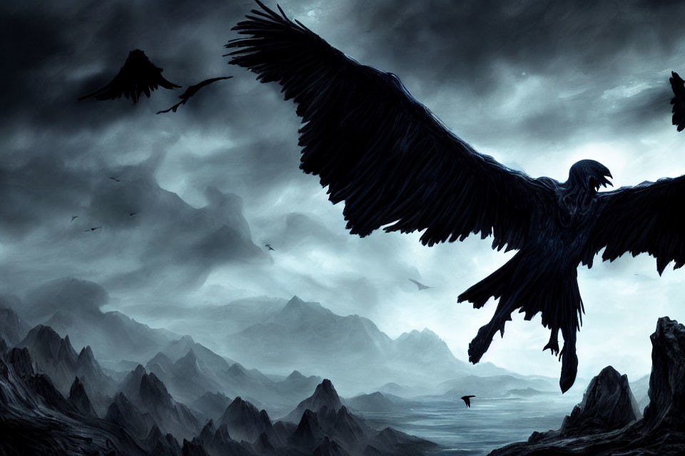 Large Raven Soaring Over Rocky Landscape in Stormy Sky
