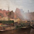 Village on Fire: Painting of Houses Engulfed in Flames