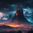Fantasy landscape with castle on steep hill, mountains, stormy sky at dusk