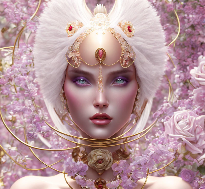 Violet-skinned woman with elaborate headdress among pink blossoms