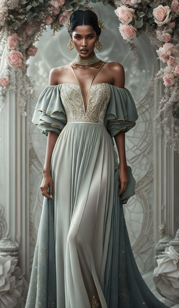 Luxurious Off-Shoulder Gown with Gold Detailing and Floral Backdrop