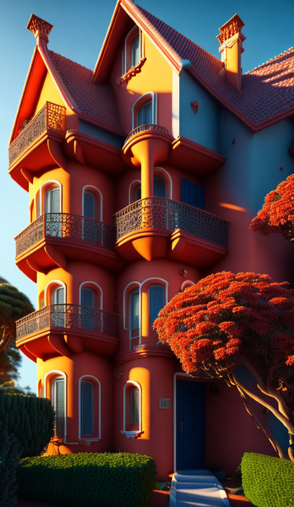 Tall Pink House with Balconies and Red Accents Amid Vibrant Foliage