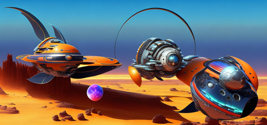 Futuristic spacecrafts over alien desert with colorful sky