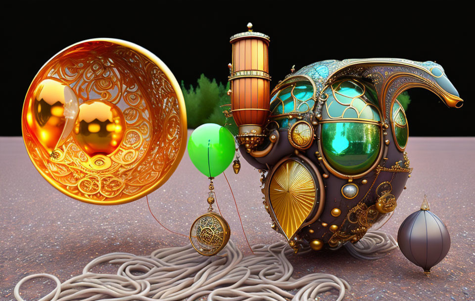 Steampunk-inspired snail with metalwork and balloons on dark background