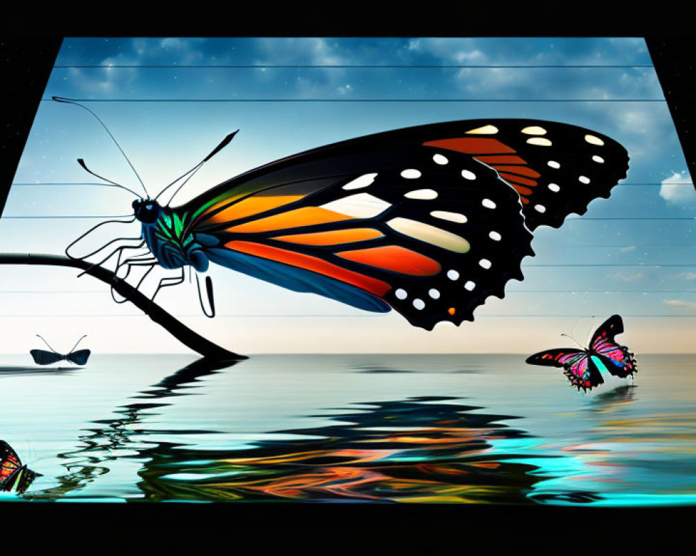 Colorful digital artwork featuring a butterfly on a branch with reflection, two smaller butterflies over water under a