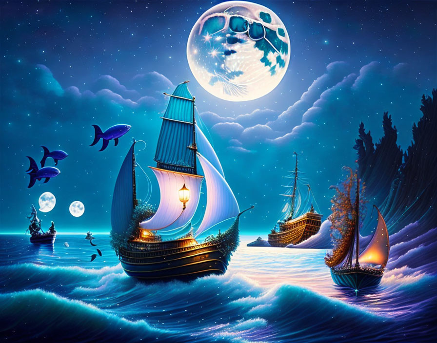 Maritime night scene with glowing ships, moon, planets, and flying fish