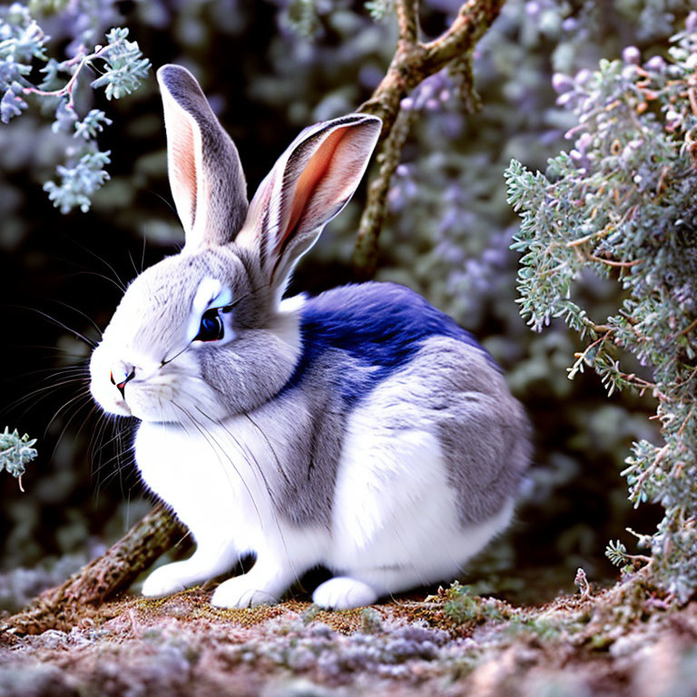 Blue and white fur rabbit in frosty vegetation portrait.