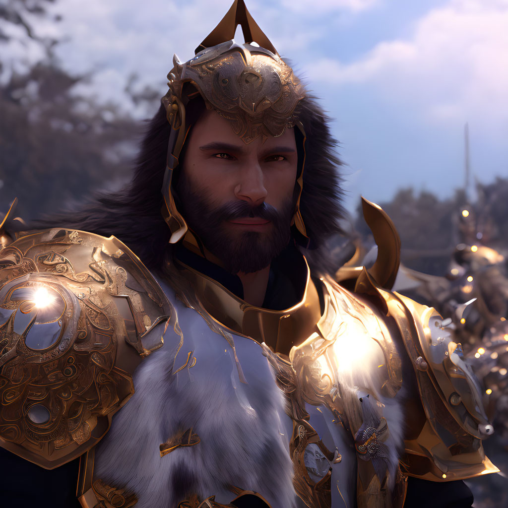Golden armor-clad knight with lion motif helmet on blurred battlefield.