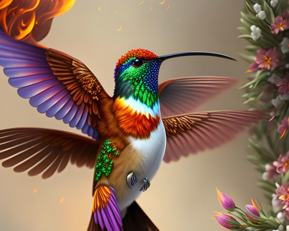 Colorful digital artwork: Hummingbird with fiery wings and iridescent feathers among pink flowers and